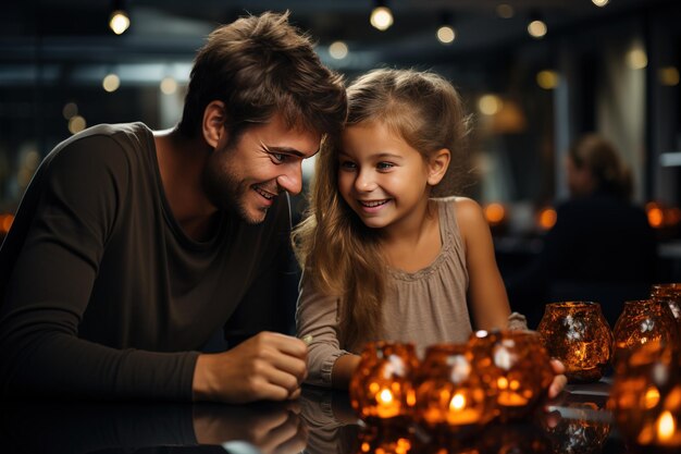 Parents de famille joyeux avec un enfant s'amusant à la fête d'Halloween Père et fille sur décoratif