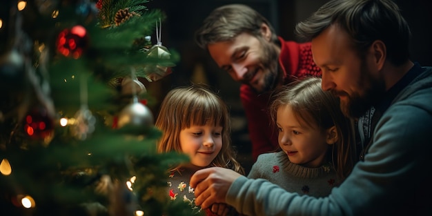 Des parents heureux décorant l'arbre de Noël familial avec leur fille AI générative