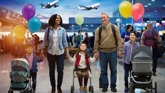 Photo des parents heureux et leurs enfants attendent de voyager ensemble.