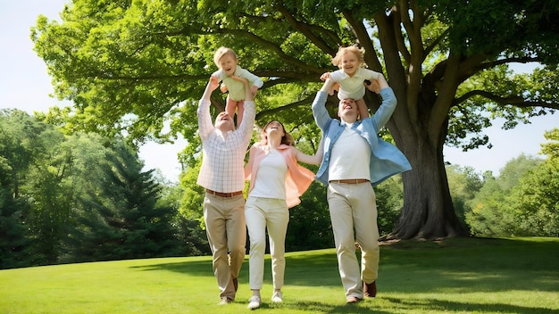 Des parents heureux s'amusent avec leur enfant sur la pelouse verte sous l'arbre.