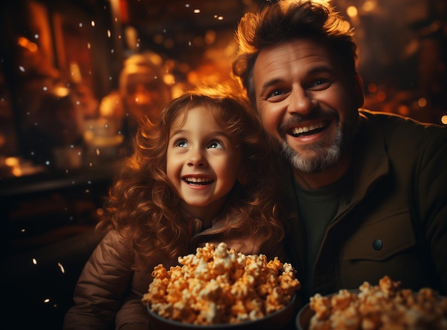 Des parents et leur petit enfant regardent un film au cinéma.