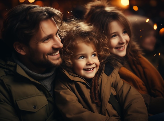 Photo des parents et leur petit enfant regardent un film au cinéma.