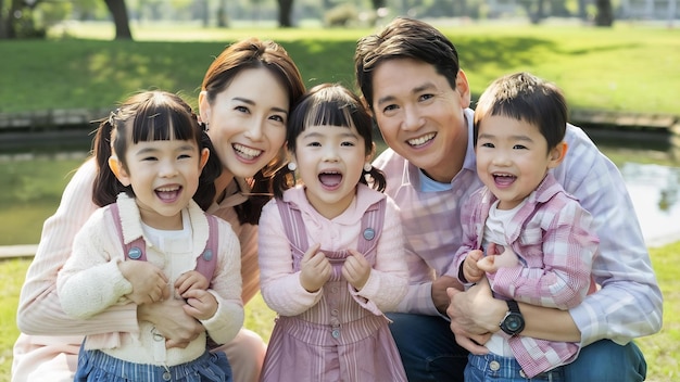 Les parents et leurs enfants regardent la caméra.