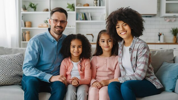 Des parents avec leurs filles assis sur le canapé.