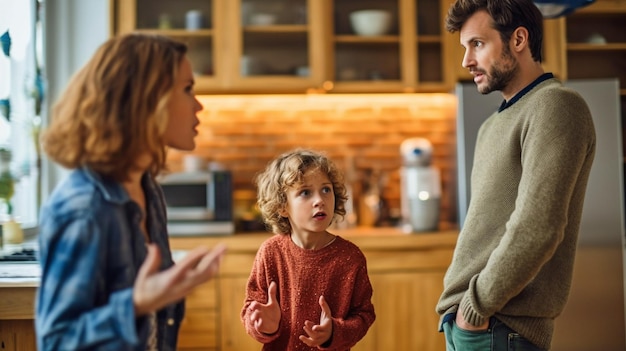 Photo les parents se disputent dans la cuisine alors que leur petit enfant est devant eux generative ai