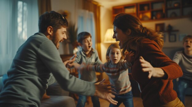 Photo des parents se disputent devant les enfants.