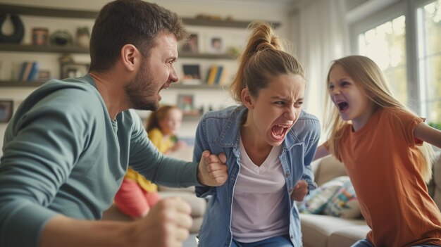 Photo des parents se disputent devant les enfants.