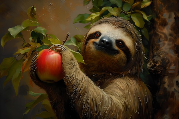Un paresseux adorable tenant une pomme entouré de verdure illustration fantaisiste de la faune avec un éclairage doux portrait charmant pour diverses conceptions AI