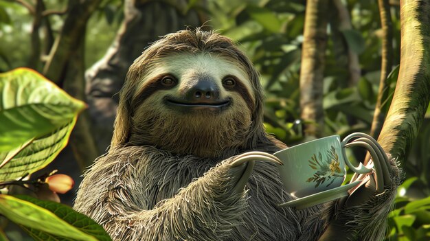 Photo un paresseux mignon et câlin est assis dans un arbre et tient une tasse de thé le paresseux a un grand sourire sur son visage et semble apprécier son thé