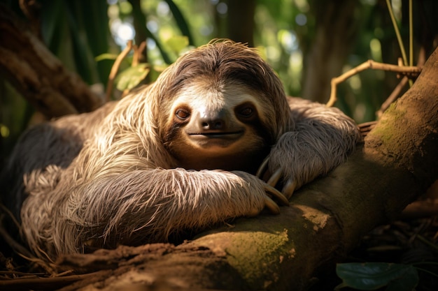 un paresseux se repose sur une branche d'arbre