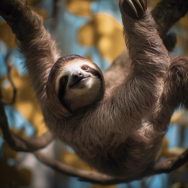 Un paresseux suspendu à un arbre avec des feuilles derrière lui