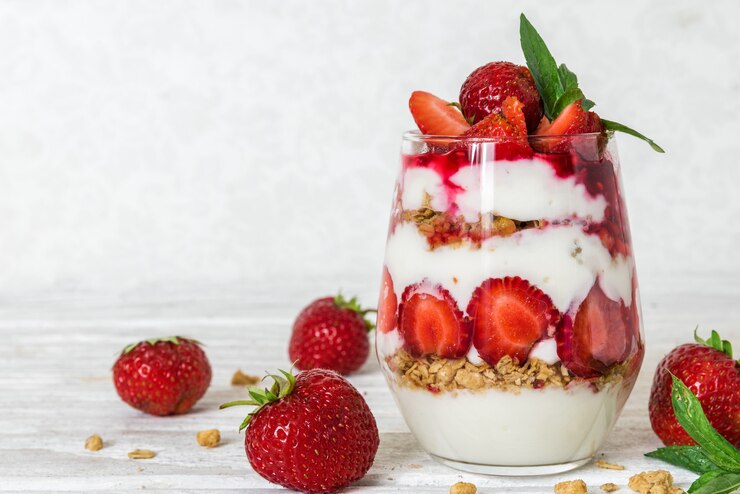 Photo parfait au yogourt fait maison avec granola et fraise dans un verre sur une table en bois blanc