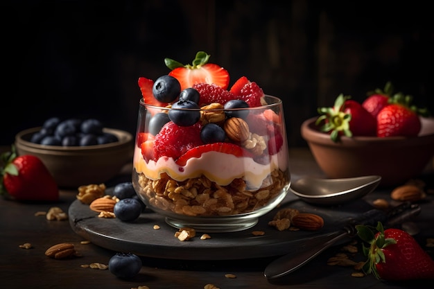 Parfait au yogourt granola avec noix tranchées fraise fraise framboise et myrtille dans un bocal en verre sur fond sombre IA générative