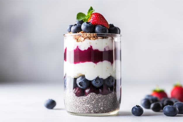 Parfait aux bleuets recouvert de graines de chia dans un pot Mason