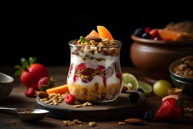 Parfait de granola au yogourt frais avec des noix tranchées fraise fraise framboise et mangue dans un bocal en verre sur fond sombre AI générative