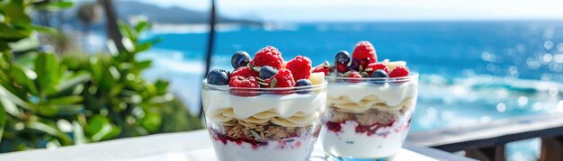 Des parfaits de fruits sains servis sur une terrasse avec vue sur l'océan