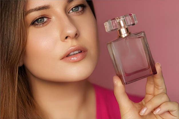 Parfum beauté produit et cosmétiques modèle visage portrait sur fond rose belle femme tenant une bouteille de parfum avec parfum féminin floral mode et maquillage