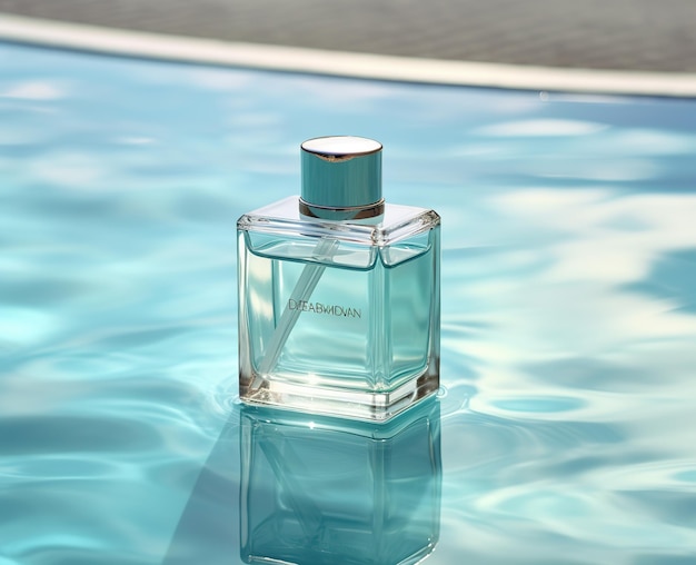 Parfum cosmétique abstrait sur la publicité de maquette de piscine bleue