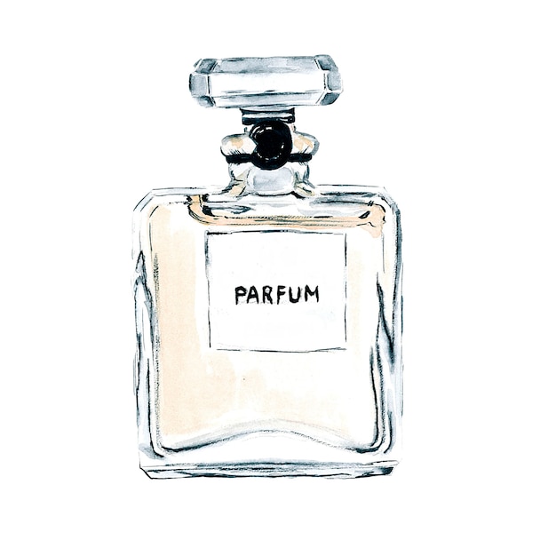 Parfum dans un bocal en verre peint à l'aquarelle sur fond blanc