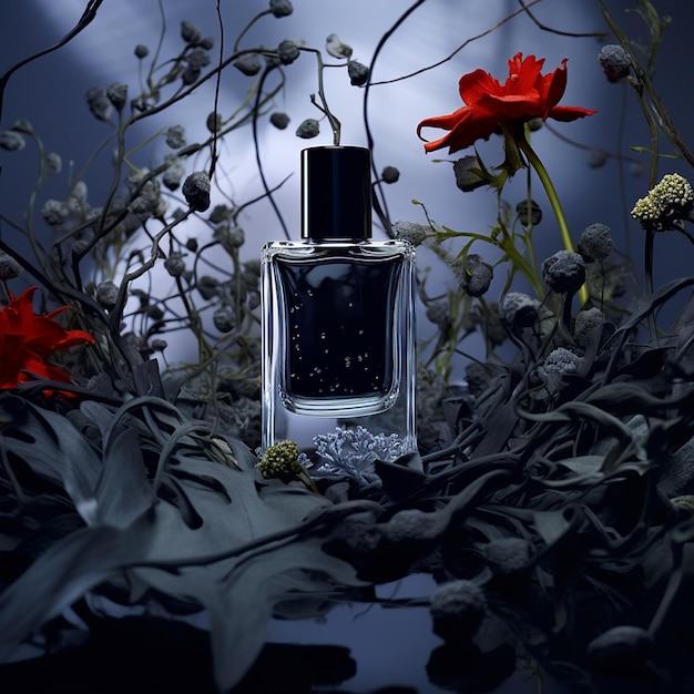 parfum entouré d'éléments floraux noirs