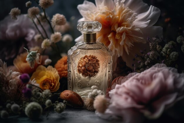 Photo un parfum entouré de fleurs une ia générative