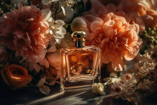 Photo un parfum entouré de fleurs une ia générative