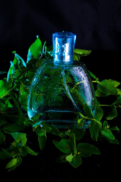 Photo parfum féminin et feuilles vertes bouteille de parfum avec des gouttes d'eau pour les femmes concept romantique sur fond noir