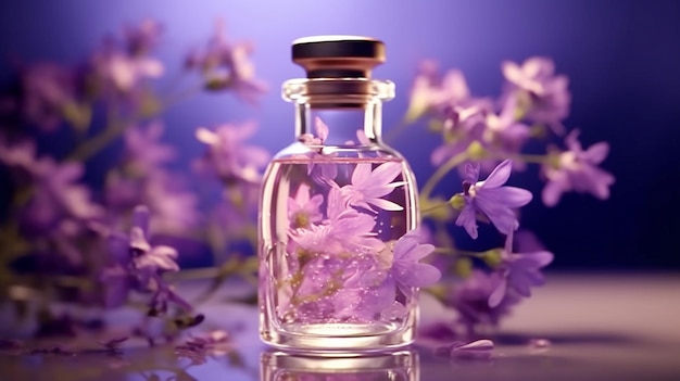 Parfum frais de fleur pourpre dans une bouteille en verre