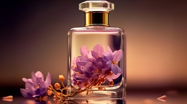 Parfum frais de fleur pourpre dans une bouteille en verre