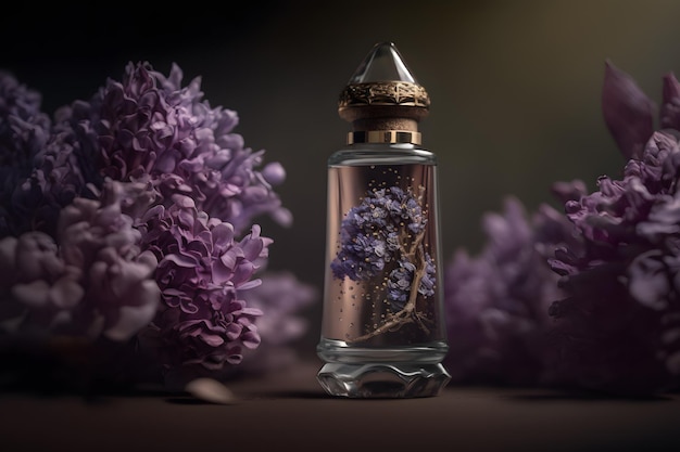 Parfum lilas unique et aromatique en flacon. Photographie de parfum de lilas en fleurs