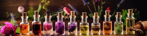 Parfum naturel floral et herbacé une rangée de flacons de parfum posés sur la table