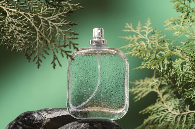 Parfum de produit cosmétique dans une bouteille en verre avec un arôme frais se trouve sur les feuilles vertes de thuya Parfum pour femmes et hommes Vaporisateur de parfum Parfum de toilette de luxe moderne