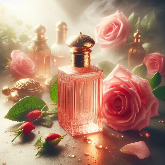 Parfum de rose avec des fleurs de rose fraîches