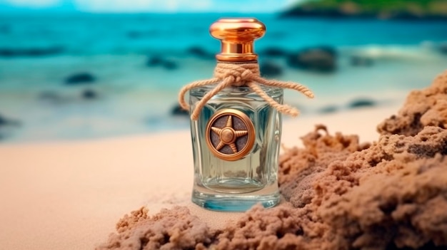 Parfumerie parfum de luxe dans le style nautique Concept fait avec une bouteille de parfum sur un sable contre la mer IA générative