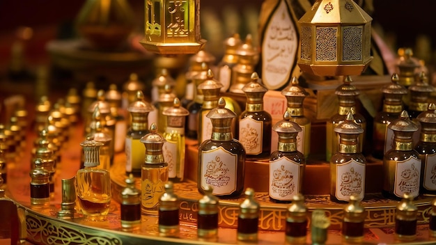 Photo parfums d'oud attar arabe ou d'huile d'agarwood dans de petites bouteilles