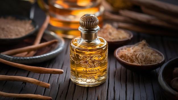 Parfums d'oud attar arabe ou d'huile d'agarwood dans de petites bouteilles