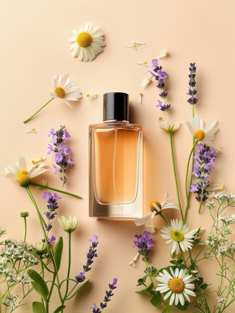 Photo parfums pour femmes sur pastel avec des fleurs d'été suggérant un parfum floral et une beauté naturelle