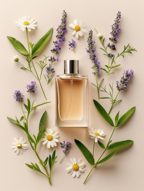 Parfums pour femmes sur pastel avec des fleurs d'été suggérant un parfum floral et une beauté naturelle