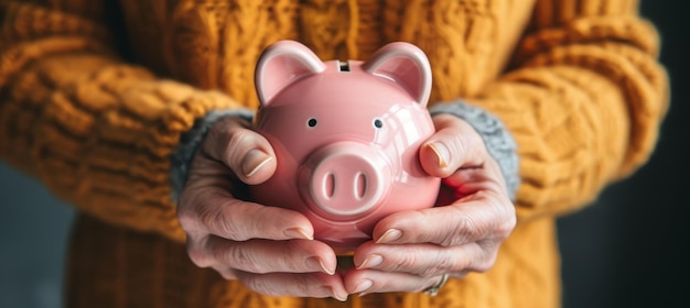 Épargne-retraite d'un couple âgé avec une tirelire rose pour la sécurité financière et la planification