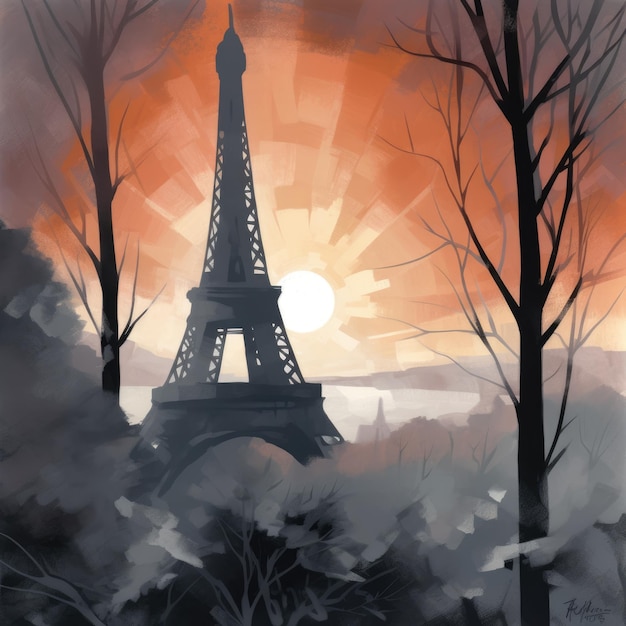 Paris en automne mur affiche art illustration rétro futurisme vintage panorama fond paysage