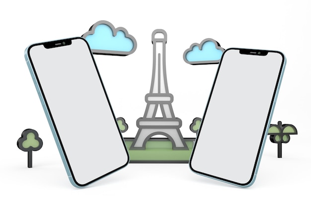 Paris et téléphones côté perspective en fond blanc