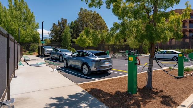 Photo parking avec batterie de panneaux solaires et borne de recharge uniquement pour les véhicules électriques ai générative