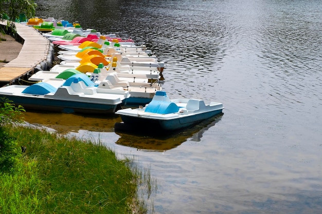 Parking des catamarans sur la plage de la ville en été La location de bateaux au bord de la rivière