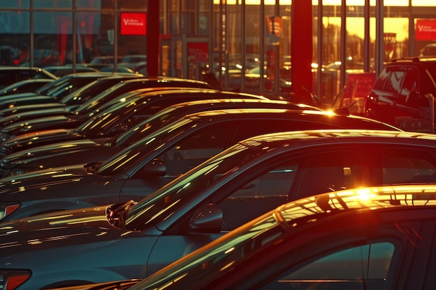 Un parking de concessionnaire de voitures avec de nombreuses voitures garées et le soleil se levant en arrière-plan