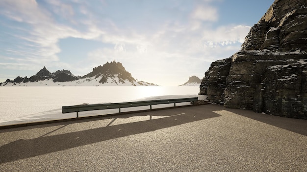 Parking à côté de la montagne enneigée et du rendu 3d de la falaise