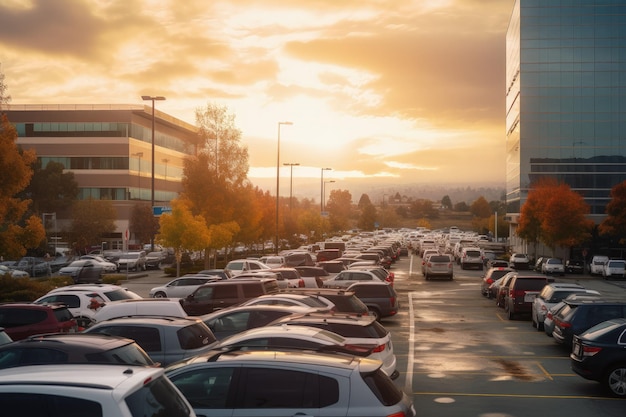 Un parking rempli de voitures garées.