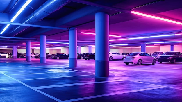 Un parking souterrain moderne et fantastique dans les couleurs bleu et violet
