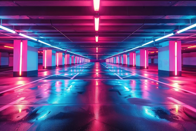 Photo parking souterrain à plusieurs niveaux en néon dans un centre commercial vie nocturne moderne