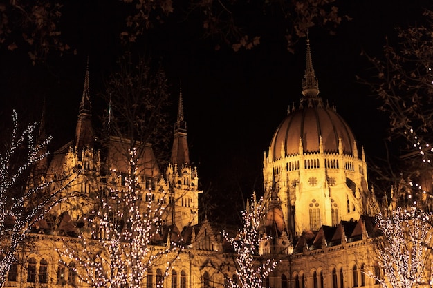 Parlement de Budapest illuminé la nuit à Noël