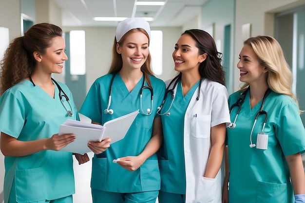 Photo parler des infirmières marcher et des documents dans l'hôpital travail d'équipe diversité collaboration ou l'attachement sur la chirurgie ou la clinique pause sourire heureux et les femmes de la santé avec un document de recherche médicale ou une blague drôle